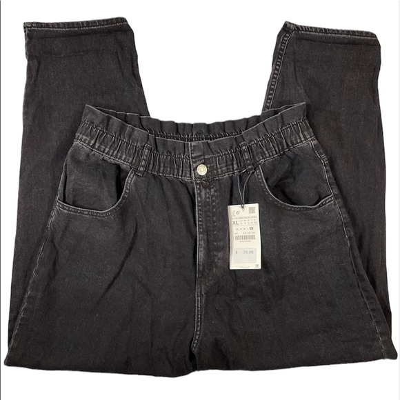 NWT Zara Black Elastic Paper Bag Waist Ultra High Rise 100% Cotton Jeans Size XL - Picture 5 of 16